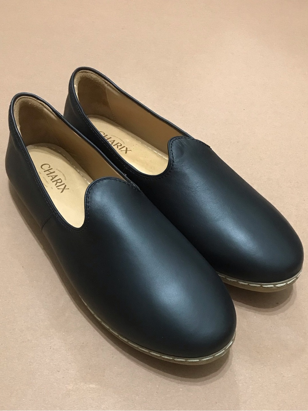 CHARIX Black Leather Slip-On Loafers with Tan Insole Size 46 US 12